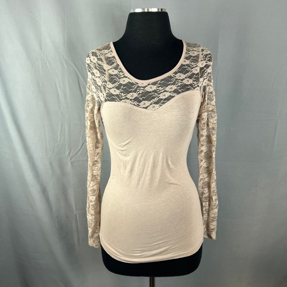Tea N Lace Blouse Top Womens Small Beige Cotton Stretch Floral Sheer Lace Detail